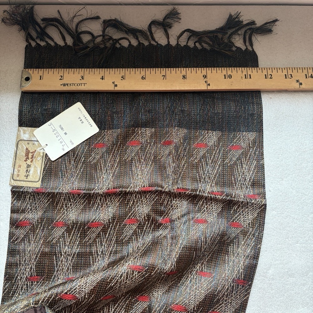 Ohmori Co Tokyo 100% Silk Scarf Brown Red Rectangle 11.5X28 Fringe Old Money - Picture 5 of 7